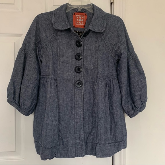 Free People Jacket Womens s Linen cotton Denim Chambray jean Oversized Balloon - Picture 2 of 9